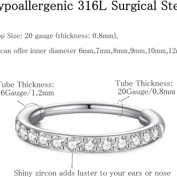 Nose Ring Hoop 8mm Silver Surgical Steel with Cubic Zirconia for Men Women - Picture 4 of 7